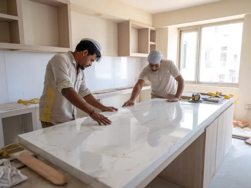 installation-of-a-white-engineered-quartz-slab-by-fabricators